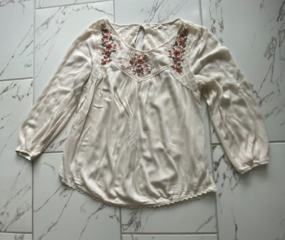 Mason Belle Womens M Ivory Embroidered Boho Peasant Blouse Lace Top